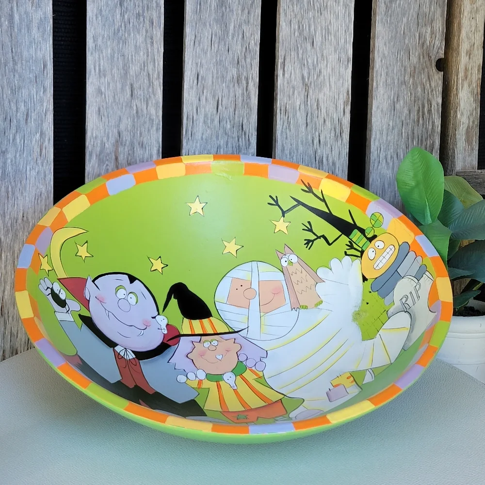 Vintage Tina Ledbetter Halloween Party Bowl Handpainted Dracula Mummy & Witch
